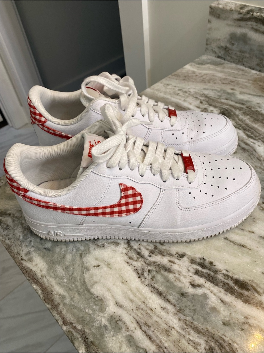 Nike womens White Sneakers with Red Gingham Swoosh